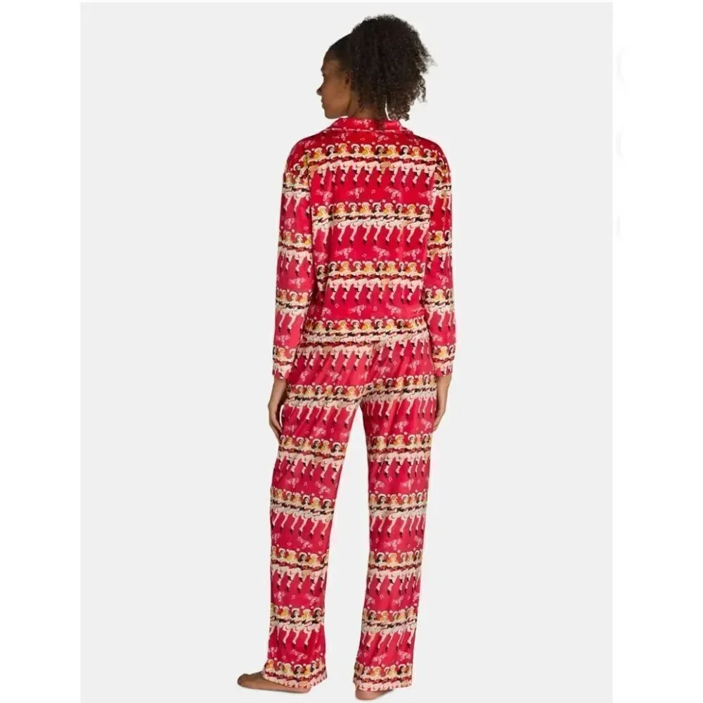 Velour Notch Collar Pajama Top & Pants Lounge Sleep 2-Piece Set Size L
